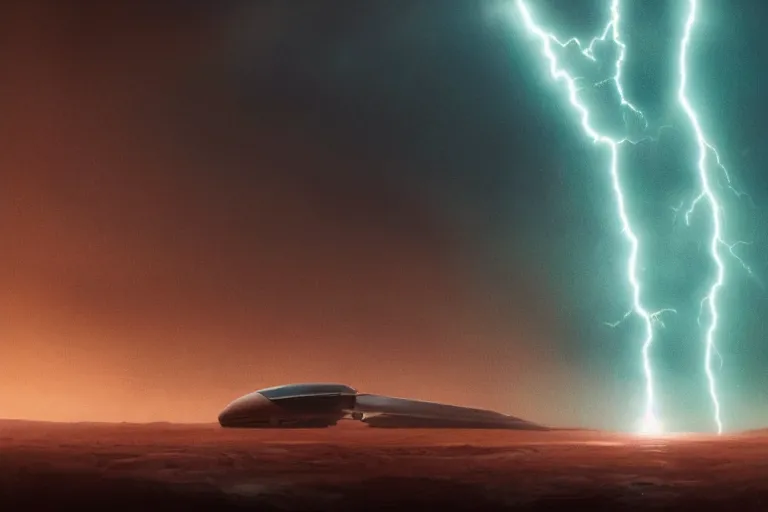 Image similar to a cinematic portrait of a cargo starship, landing in a mars base, green clouds and lightning storm, ridley scott and zack snyder, 8 k, hd, high resolution, 8 5 mm, f / 1. 8