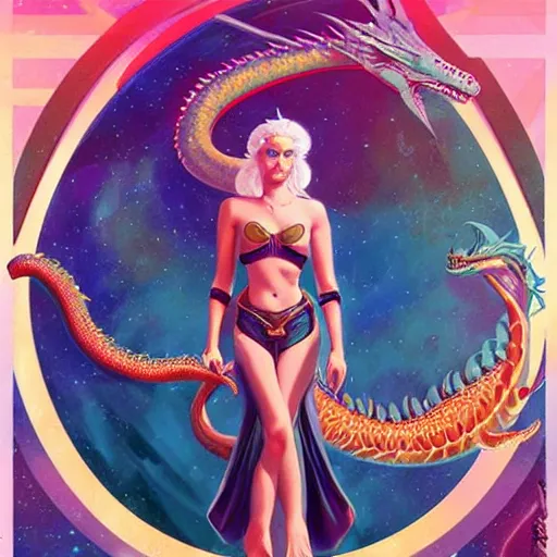 Image similar to cosmic underwater lofi daenerys targaryen portrait with her serpent dragon fire flame, queen of dragons, fire flaming dragon serpent, Pixar style, by Tristan Eaton Stanley Artgerm and Tom Bagshaw.