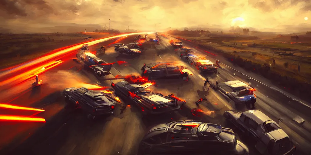 Prompt: Ignacio Bazan Lazcano painting of a vehicle battle on highway, dramatic lighting, wide angle lens, dutch angle, trending on Artstation, highly detailed