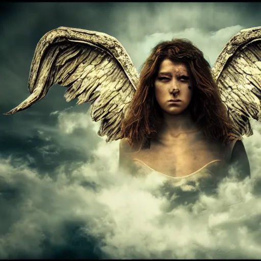 Image similar to angels and dreams at war, heaven vs hell, cloudy sky, Bastien Lecouffe, fantasy, 10 winged angel, lucifer, art Station, 4k UHD