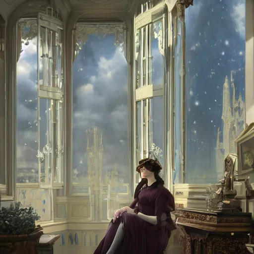 Image similar to a very detailed portrait painting of Vesper Lynd, a very detailed french room, a very detailed dramatic sky, light particles, environment drawn by Donato Giancola and Tom Bagshaw, Edmund Leighton, character design by Alphonse Mucha, 4k, volumetric lighting, komorebi, award winning, octane render, hyperrealistic