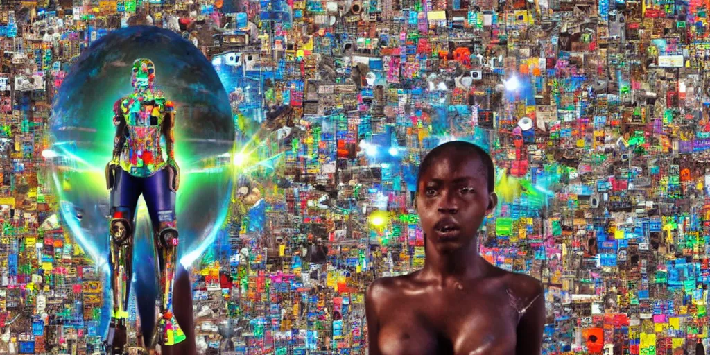 Prompt: robot of Ajegunle slums of Lagos inside African Jesus Christ about beauty surrounding a large UFO with neon ray of light, magazine collage,