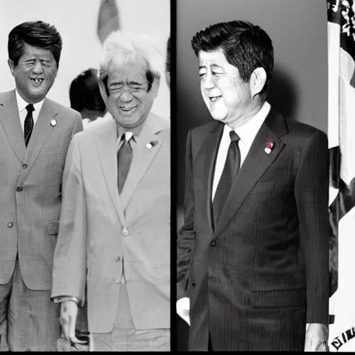 Prompt: shinzo abe and jfk point and laugh at each other in hell, photo style
