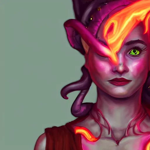 Prompt: A portrait of a tiefling woman made out out translucent fire that looks kind of like a lava lamp. She has curving horns, blank eyes and a cute smile. Her clothes are punk-inspired. 4k. Trending on ArtStation.