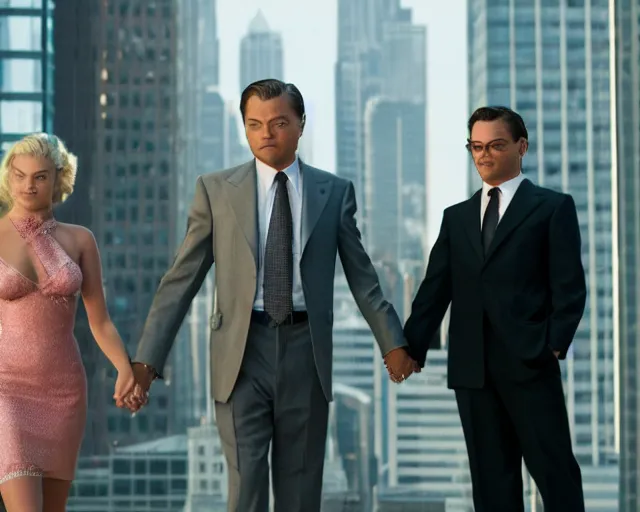 Image similar to leonardo dicaprio as the wolf of wall street holding hands with margot robbie, cinamtic, hyper detailed, 8 5 mm photograph, 8 k resolution, film still, sharp lens, wide lens