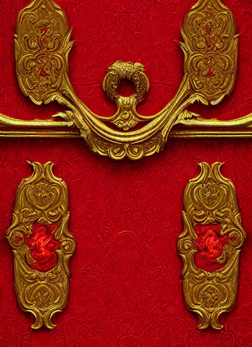 Prompt: digital art of a beautiful decorative ornament on a background of red gucci fabric, hyper realistic full of details, canon eos, zbrush, artstation, greg rutkowski