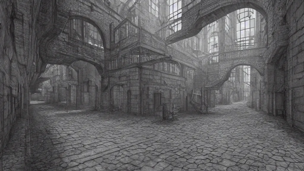 Prompt: a beautiful hyper realistic detailed matte painting of a a confusing place where the perspective is a broken concept, dramatic lighting, dynamic lighting, cinematic lighting, dynamic lighting, cinematic lighting, lit by morning light, by maurits cornelis escher, black and white, featured on artstation, ultrawide angle