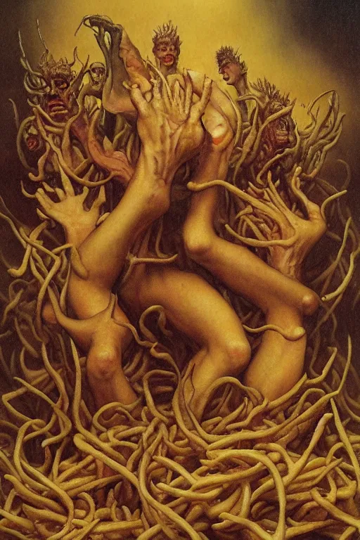 Image similar to a box of mcdonalds fries in the style of wayne barlowe, gustav moreau, goward, bussiere, roberto ferri, santiago caruso, luis ricardo falero, austin osman spare