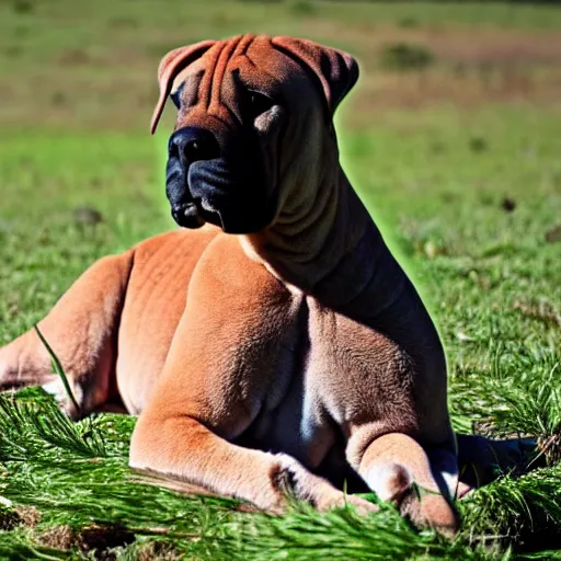 Image similar to boerboel in a field, kangaroo in the background, detailed, intricate