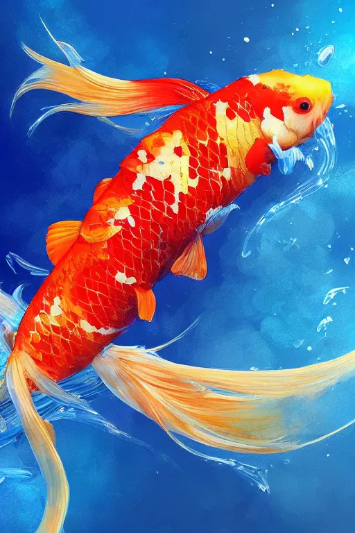 Image similar to a koi carp, colorful, blue backgroung,clean, joyful, close-up portrait, intricate, elegant, volumetric lighting, scenery, digital painting, highly detailed, artstation, sharp focus, illustration, concept art, ruan jia, steve mccurry