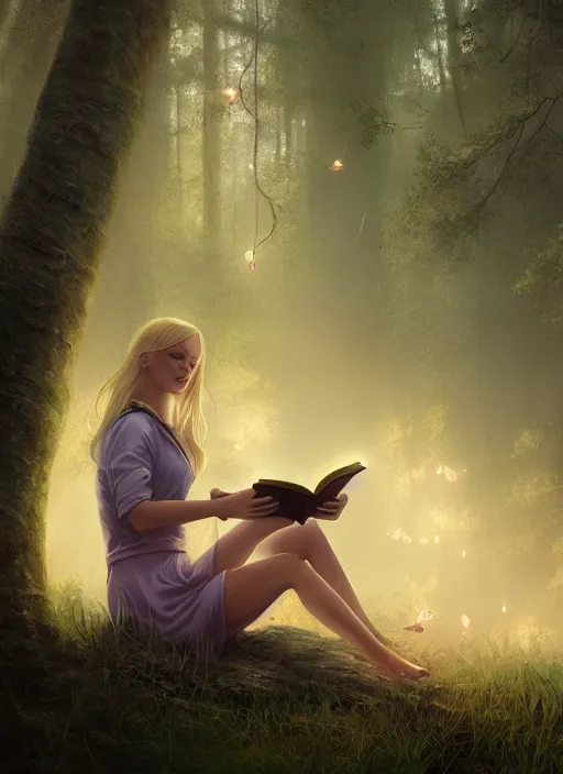 Image similar to portrait, blond girl sits in mystical misty forest, reading under a tree, fireflies, dramatic lighting, cinematic, establishing shot, extremly high detail, foto realistic, cinematic lighting, post processed, concept art, artstation, matte painting, style by eddie mendoza, raphael lacoste, alex ross