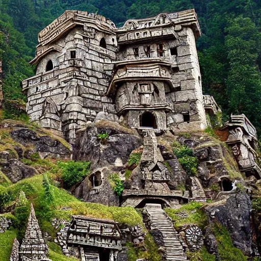 Prompt: stone fortress made by dwarves, carved into mountainside, abandoned, bright, intricate carvings, architectural