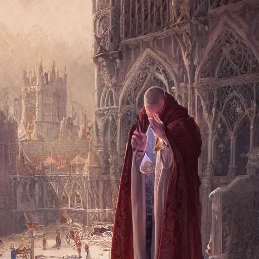 Image similar to highly detailed picture of a man with holes in his robes, religious man wearing clothes with huge rips, destroyed clothes, medieval background, mystic, d & d, fantasy, intricate, elegant, highly detailed, digital painting, artstation, concept art, smooth, sharp focus, illustration, art by artgerm and greg rutkowski and alphonse mucha