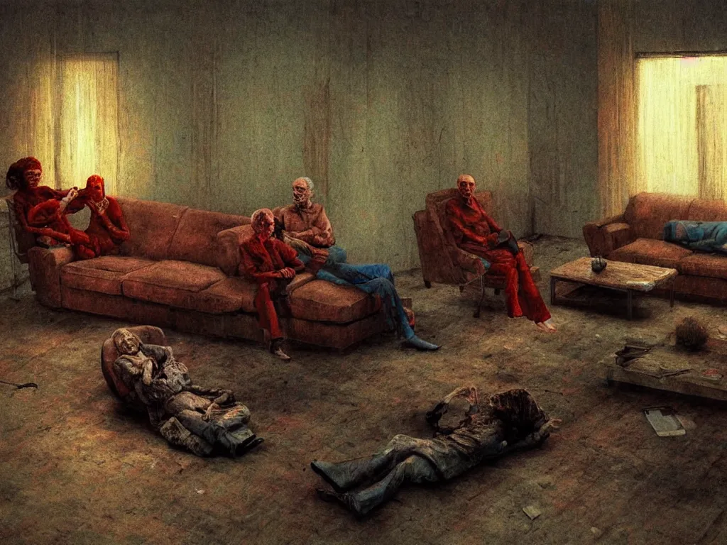 Prompt: photo of a very old dead couple sitting on a couch in an old soviet apartment, psx game graphics , Beksinski painting, part by Adrian Ghenie