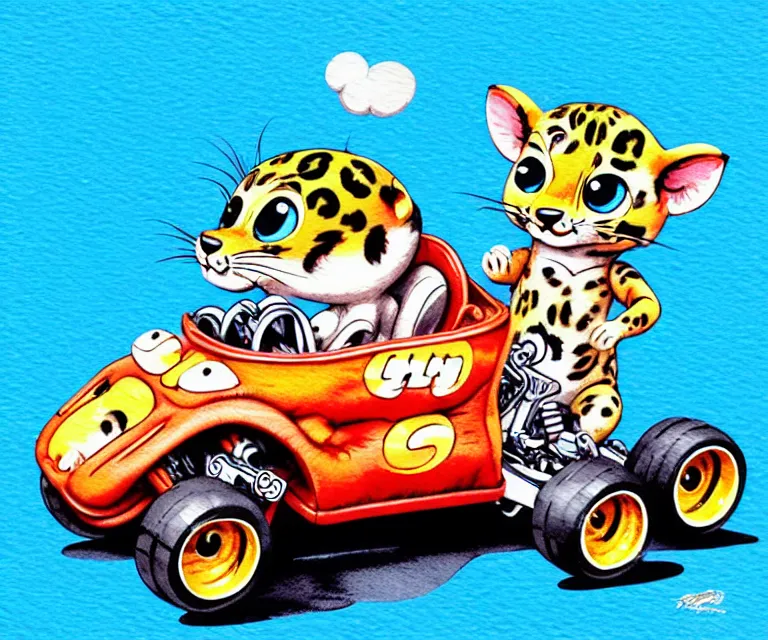 Image similar to cute and funny, baby leopard riding in a tiny go kart with oversized engine, ratfink style by ed roth, centered award winning watercolor pen illustration, isometric illustration by chihiro iwasaki, edited by range murata, tiny details by artgerm and watercolor girl, symmetrically isometrically centered