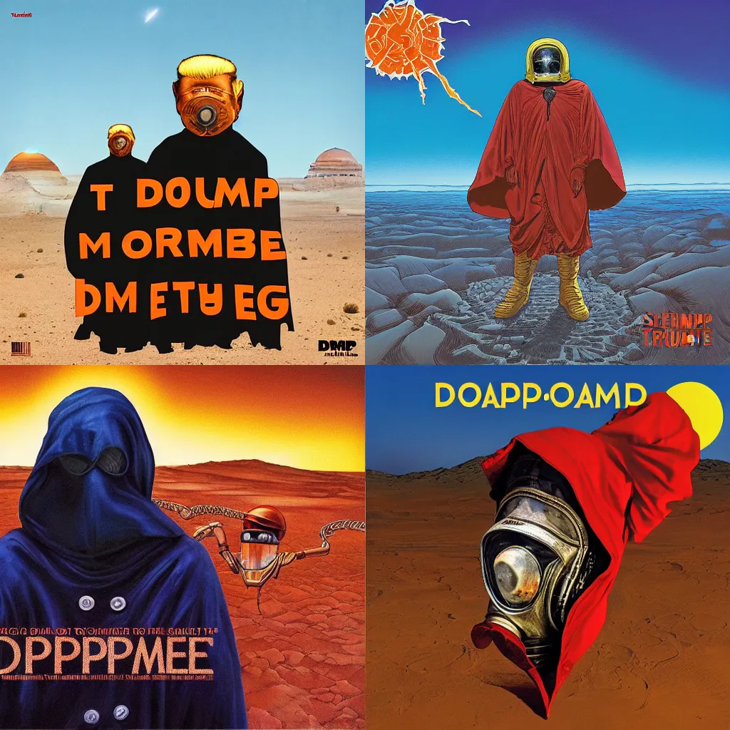 Prompt: cloaked donald trump on the album cover art of dopesmoker by sleep, gas mask, mars