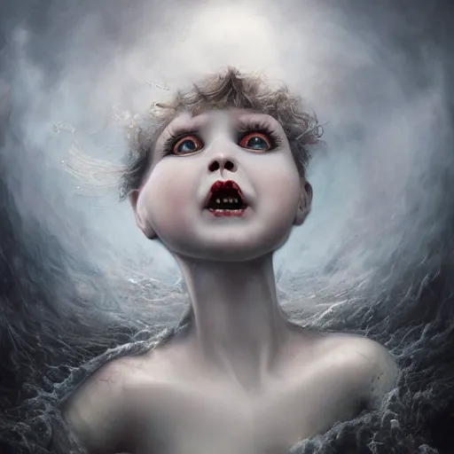 Prompt: Creepy porcelain Doll Engulfed in madness by Tom Bagshaw, Dariusz Zawadzki, Todd McFarlane, and Erik Johansson