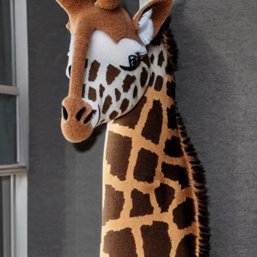 Image similar to foreground, giraffe girl. she has a very long neck and is fluffy. wool. beautiful attire. she looks in the windows. on the 3 rd floor. hyper - realistic photo. fantasy