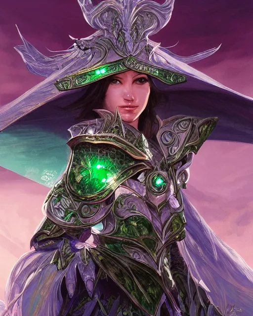 Image similar to Portrait of a Fantasy emerald knight, moonlit, HD, illustration, epic, D&D, fantasy, intricate, elegant, highly detailed, digital painting, artstation, concept art, smooth, sharp focus, illustration, art by artgerm and greg rutkowski and alphonse mucha, monster hunter illustrations art book