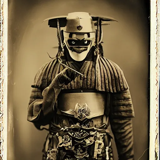 Image similar to tintype photographs of dieselpunk samurai, psycho oni, ninja demons