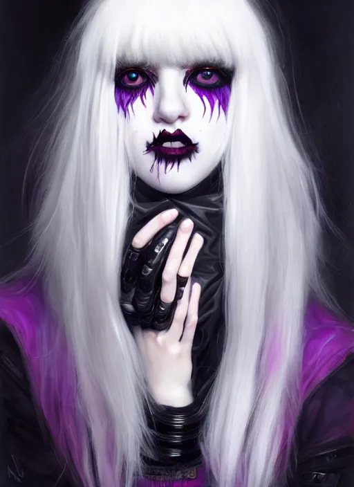 Prompt: portrait of white teenage girl, normal face, black bangs, mall goth, cyberlox, black and white hair, bangs, fluffy bangs, red contact lenses, purple lipstick, intricate, elegant, highly detailed, digital painting, artstation, concept art, sharp focus, smooth, illustration, art by wlop, mars ravelo and greg rutkowski