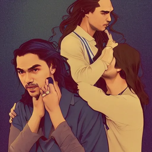 Prompt: Carlos Valdes and Frank Dillane brushing each other's hair, trending on patreon, deviantart, twitter, artstation, volumetric lighting, heavy contrast, by artgerm and Ilya Kuvshinov and alphonse mucha