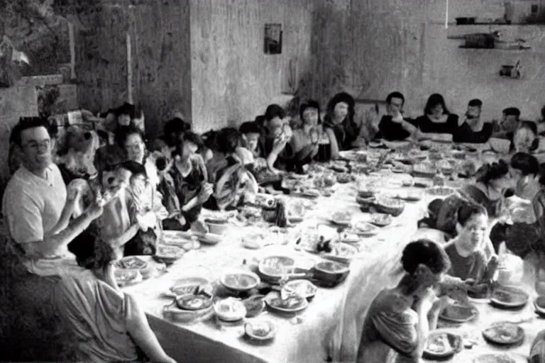 Image similar to photo of a room of people eating soup, the vibe is eerie, the image is low quality, it was found on the deep web.