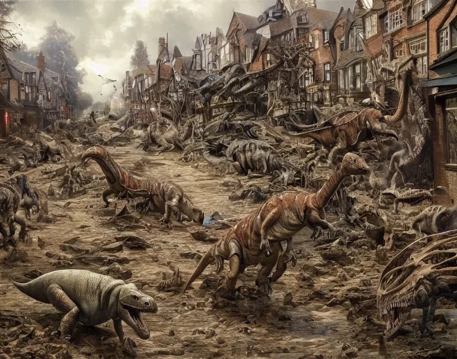 Prompt: many dinosaurs stampede down the main street of an English village, cobbled street, shops, house, church, walls collapse, debris, houses destroyed, paleoart, james gurney, vladimir motsar, david curtis, john park, jeremy mann