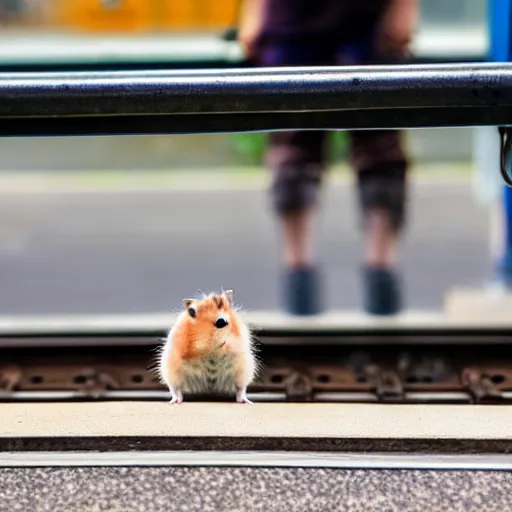 Image similar to detailed photo of a hamster waiting for the train, various poses, full body, unedited, daylight, dof 8 k