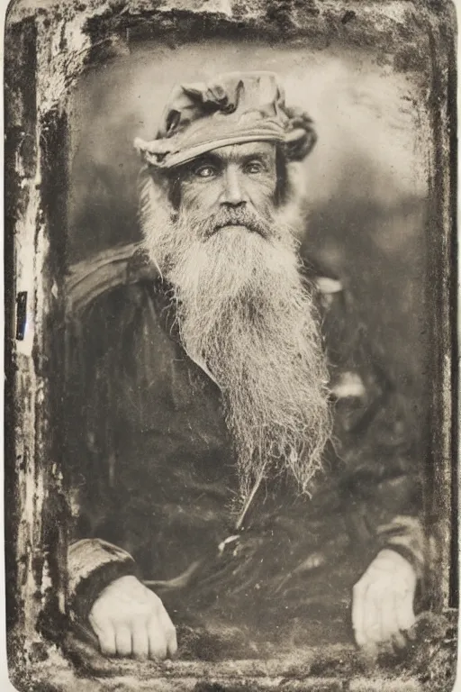Prompt: a wet plate photograph of a grizzled old sea captain