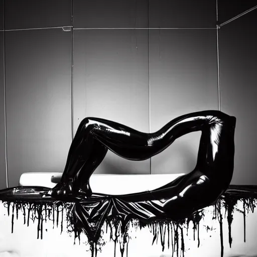 Image similar to a shiny black goo covered panther laying on a tar covered white couch in a living room, dripping and drooling black goo. digital art, photography, latex, rubber, reflective.