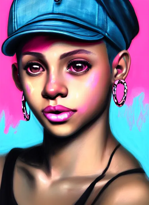 Image similar to portrait of teenage vanessa morgan with bright pink hair, black girl, curly pixie cut hair, wearing newsboy cap, pink short haircut, newsboy cap, hoop earrings, blue eyes, intricate, elegant, glowing lights, highly detailed, digital painting, artstation, concept art, smooth, sharp focus, illustration, art by wlop, mars ravelo and greg rutkowski