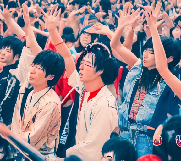 Image similar to photo of an japan 1 9 8 0 pop music festival, and people enjoying the show, color photo, colored, ( sony a 7 r iv, symmetric balance, photolab, lightroom, 4 k, dolby vision, photography award )