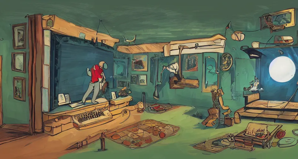 Image similar to A beautiful artwork illustration, a videogame level in a small golf-themed museum escape room with a golf ball who is a detective, featured on artstation, wide angle, horizontal orientation