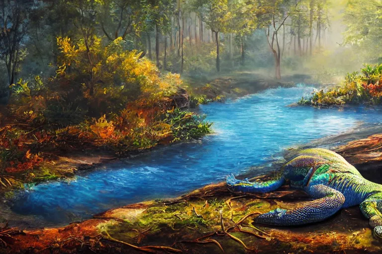 Image similar to highly detailed oil painting of a reptile sitting in a steaming colorful hotspring with woodland forest backdrop, featured on artstation