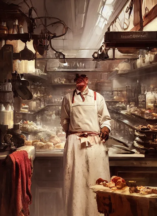 Prompt: portrait of a old butcher, bloodstained apron, butcher shop, dramatic lighting, dimly lit, medium view, asymmetrical intricate elegant matte painting illustration, by greg rutkowski and greg tocchini and james gilleard and sargent and leyendecker and greg manchess