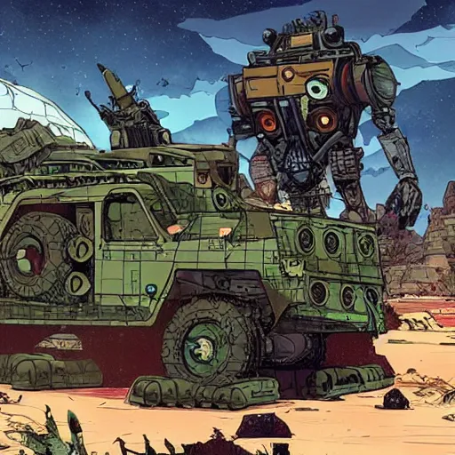 Image similar to alligator mech jeep concept borderland that looks like it is from Borderlands and by Feng Zhu and Loish and Laurie Greasley, Victo Ngai, Andreas Rocha, John Harris