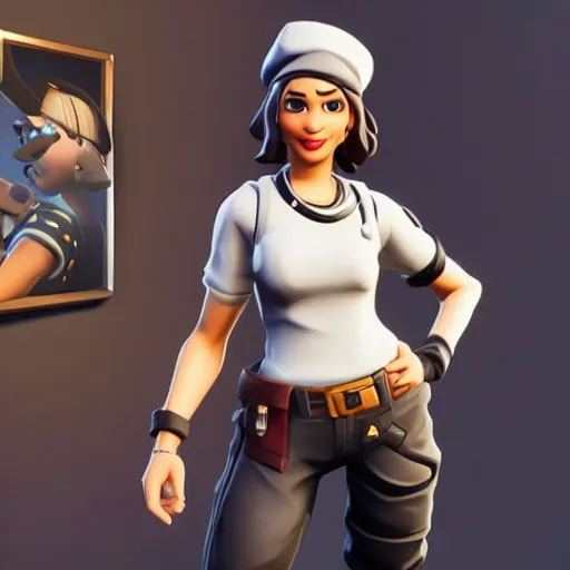 Prompt: Fortnite; girl with short brown hairm, wearing a beret; white shirt ; Fortnite