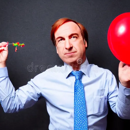 Prompt: saul goodman throwing dart at red ballon, stock photo