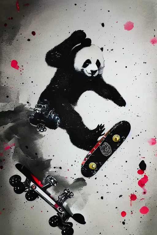 Image similar to a panda riding a skateboard in the style of yoji shinkawa and ashley wood, splatters, detailed