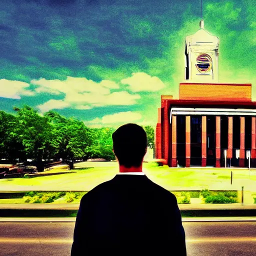 Image similar to a man standing in front of a courthouse, jury duty, bored, anger, bright green sky, digital art, backshot angle