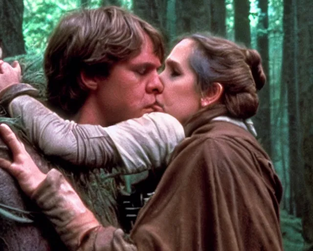 Image similar to luke skywalker, princess leia and han solo hugging and kissing in the forest of endor at the end of return of the jedi