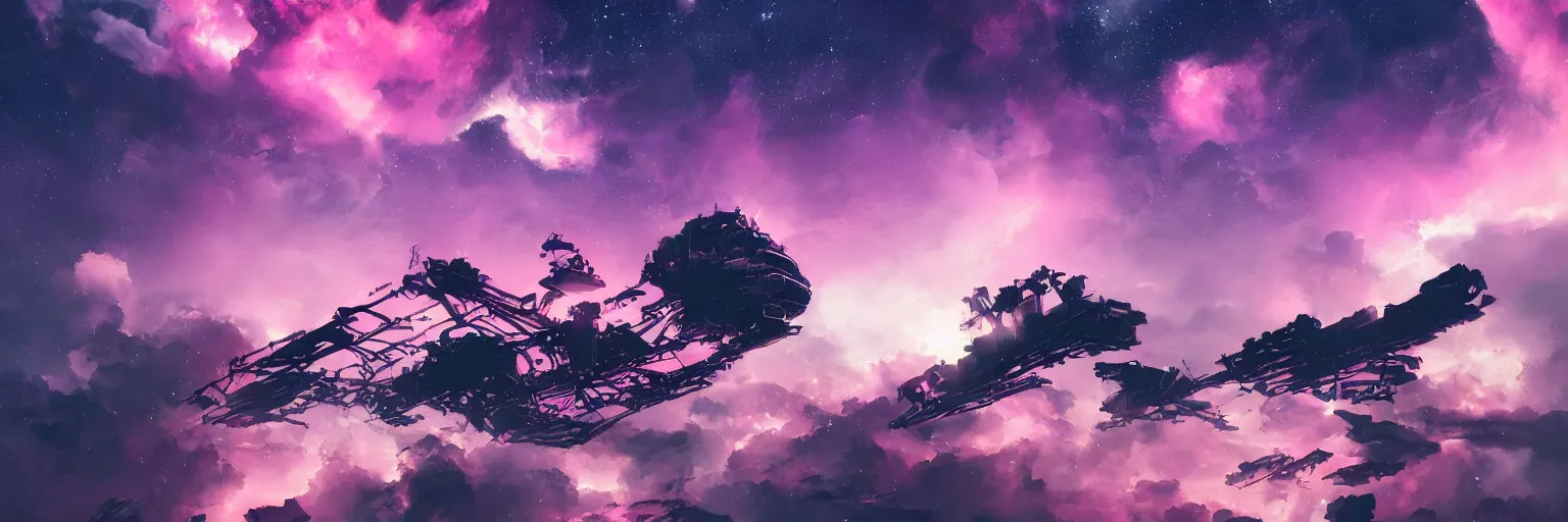 Image similar to space, hyperdetailed illustration, portrait big dark dog, mohawk, stars, pink, neon, oil painting, rich deep colors masterpiece, pirate neon ship, ultra detailed, contrast, heaven pink, clouds, volumetric light, atmospheric lighting, dramatic, cinematic, moody, octane render 4 k, 8 k