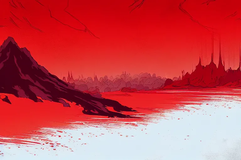 Image similar to red themed lava landscape, miyazaki style, cinematic, die hard, marvel, disney, indie, highly detailed, featured on artstation, highly detailed, abstract