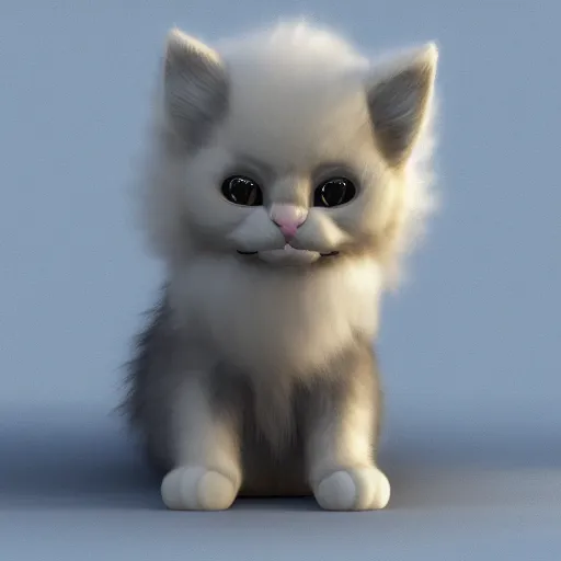 Image similar to fluffy anthropomorphic kitten character concept 3 d render with detailed fur 4 k