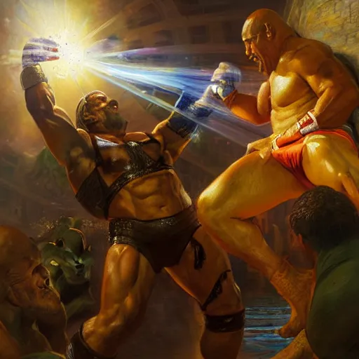 Image similar to the iron sheik breaking hulk hogan's back, radiant light, caustics, heroic, bright iridescent light, by gaston bussiere, bayard wu, greg rutkowski, maxim verehin, epic wrestling combat, legendary