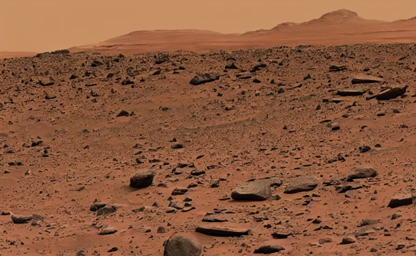 Image similar to on mars, three eyed Martians are hiding behind rocks while a nasa rover rolls around in the style of James Gurney