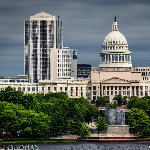 Image similar to madison wisconsin capital attacked by godzilla ( eos 5 ds r, iso 1 0 0, f / 8, 1 / 1 2 5, 8 4 mm, postprocessed, bokeh )