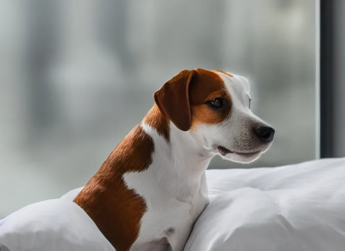 Image similar to photography of a Jack Russel . watching outside the window. on a bed .in a 3d rendered white room. octane render, 3d, foggy, volumetric light, volumetric fog, photorealistic, unreal engine 5, award winning photo, 100mm, sharp, cloth, high res