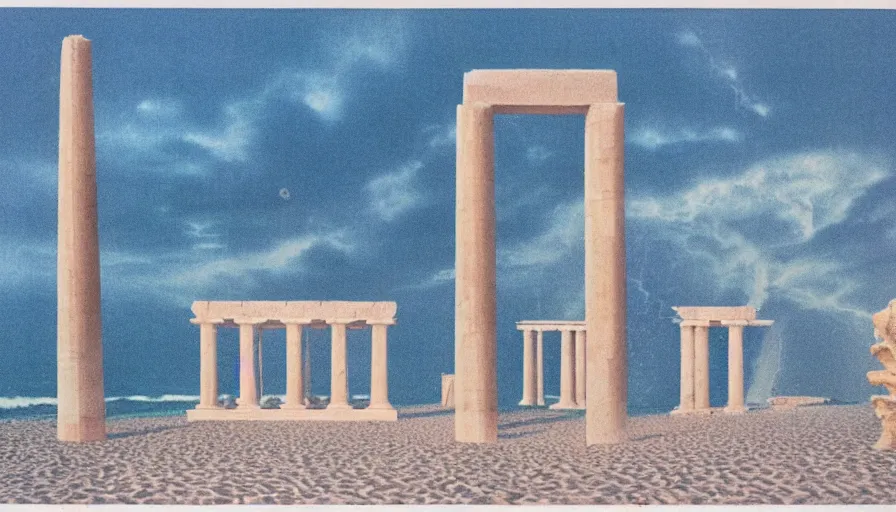 Image similar to A 1985 vintage magazine architecture photo of a beach doric temple, mediterranean architecture, refracted lines and sparkles, thunderstorm outside, beach on the background major arcana sky and occult symbols, hyperrealistic, award-winning, 1985